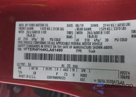 2019 Ford Ranger Xlt z USA, uszkodzony, nr VIN 1FTER4FH4KLA81490